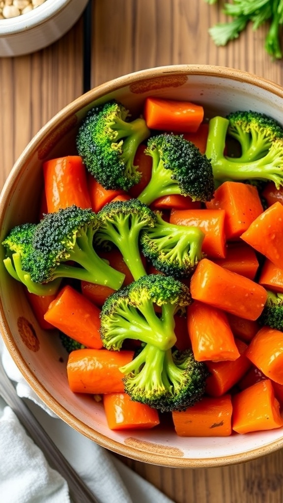 Crispy air-fried broccoli and carrots in a bowl, showcasing vibrant colors and textures.